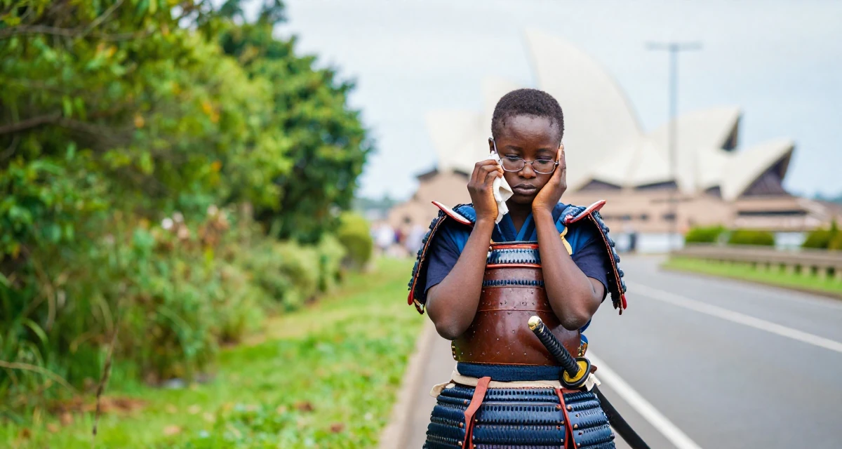 A melancholic Female From Nigeria, majored in business communication in their 20, hiding insecurity behind a cool facade, wearing a samurai armor set with a katana at the waist, cleaning glasses with a cloth in a country road.