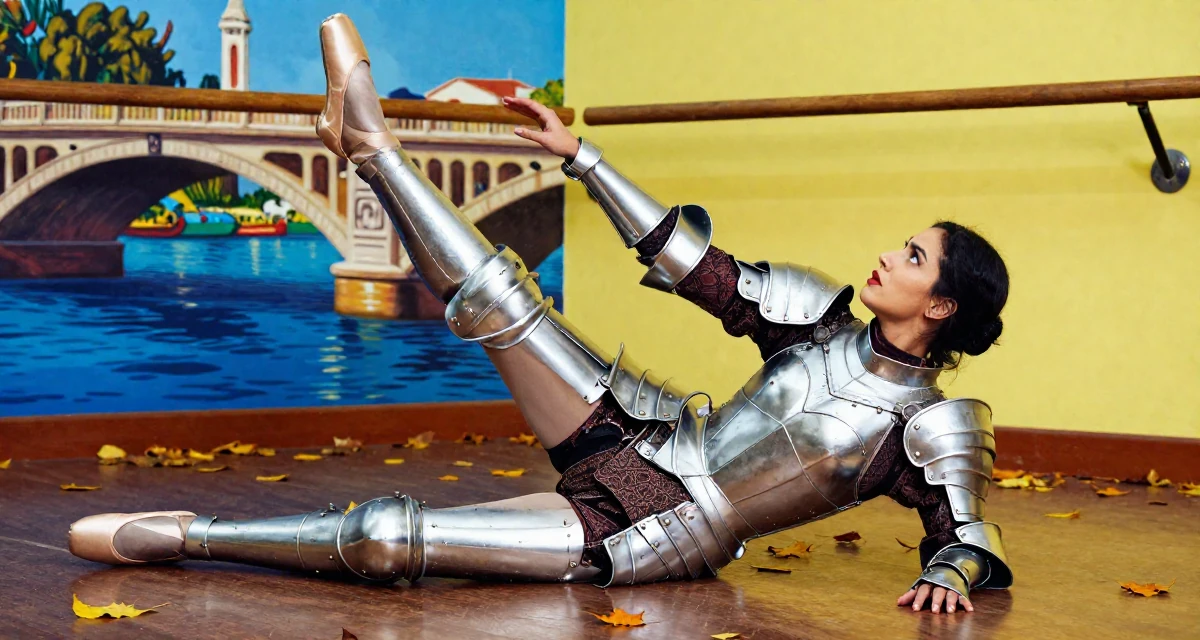 A intense Female From Libya, studied marine engineering in their 23, discovering the allure of slow, controlled movement, wearing a fantasy warrior princess armor made of silver metal, tapping a foot rhythmically in a ballet studio.