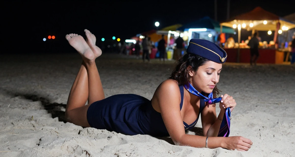 A relaxed and carefree Female From Spain, majored in journalism in their 32, exploring sustainable fashion and ethical living, wearing a flight attendant uniform with a silk scarf, playing with a tie in a tropical white sand beach.