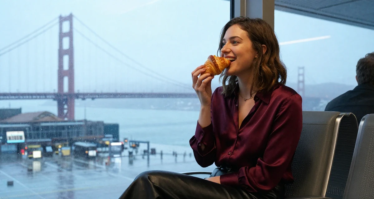A relaxed and happy Female From Austria, based in Graz, graduated from an arts academy majoring in emotional portrait direction in their 20, full of naive optimism and energy, wearing a burgundy silk blouse and black leather skirt, eating a croissant in a airport departure lounge.