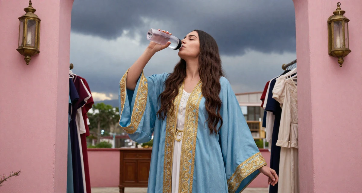 A zen-like Female From Mexico, majored in law in their 23, finding comfort in semi-bold outfits that feel empowering, wearing a high-fantasy sorceress robe with gold embroidery, drinking from a water bottle in a clothing boutique.