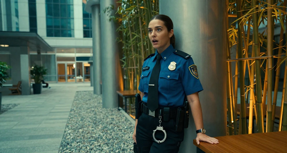 A eager Female Former graphic design student, now using visuals for intimate storytelling in their 38, handling long working hours, wearing a police officer uniform with a badge and handcuffs, resting hands on a table in a modern skyscraper lobby.