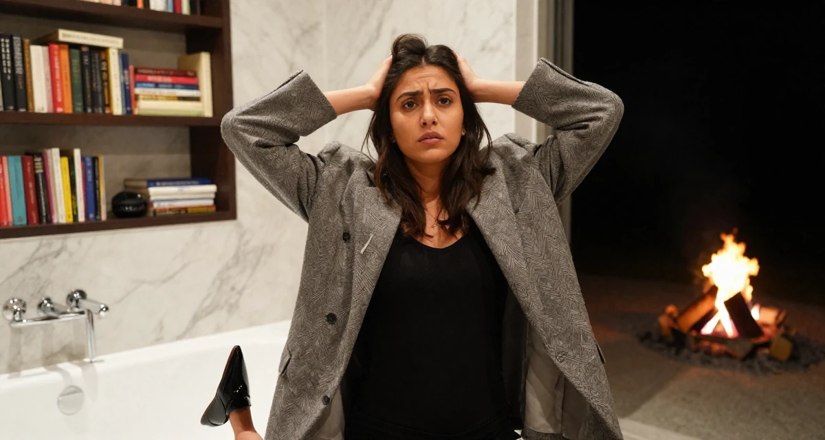 A humble Female Grew up in Nepal, majored in marketing analytics in their 22, worrying about disappointing early supporters, wearing a oversized blazer draped over the shoulders, dangling a shoe from one foot in a marble bathroom with a tub.