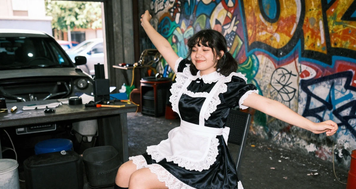 A pleased Female From Georgia, based in Batumi, graduated from a local academy majoring in social media management in their 25, vibrating with creative potential, wearing a french maid costume with black silk and white lace, stretching arms in a mechanic garage.