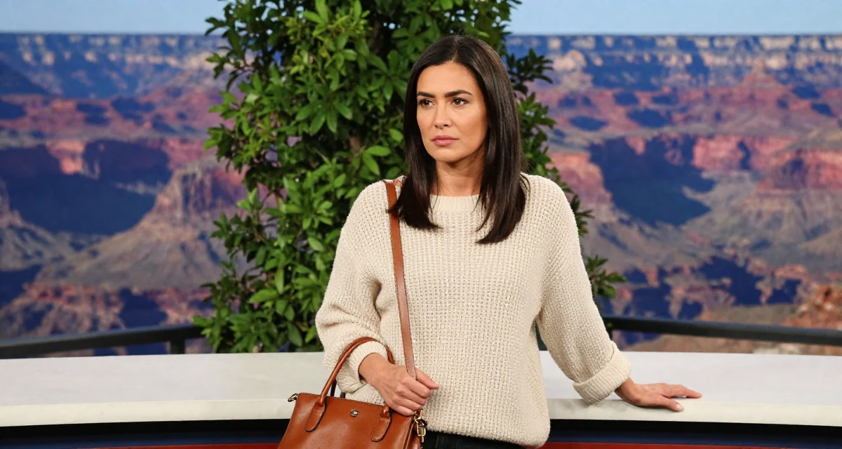 A contemplative Female Grew up in Australia, majored in digital communication in their 29, preparing for the transition into the 30s, wearing a loose open-knit sweater showing skin underneath, carrying a leather handbag in a tv set.