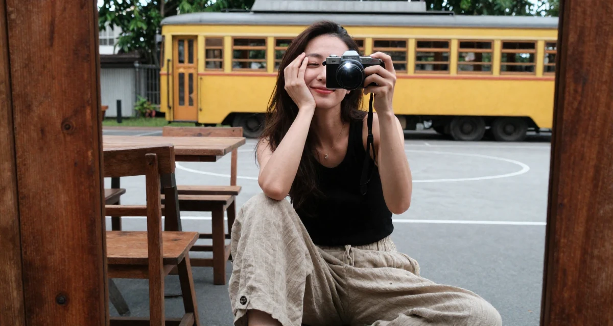 A satisfied Female From Bangkok Thailand, studied tourism management in their 31, exploring advanced investment strategies, wearing a loose-fitting linen trousers, covering eyes from the sun in a basketball court.