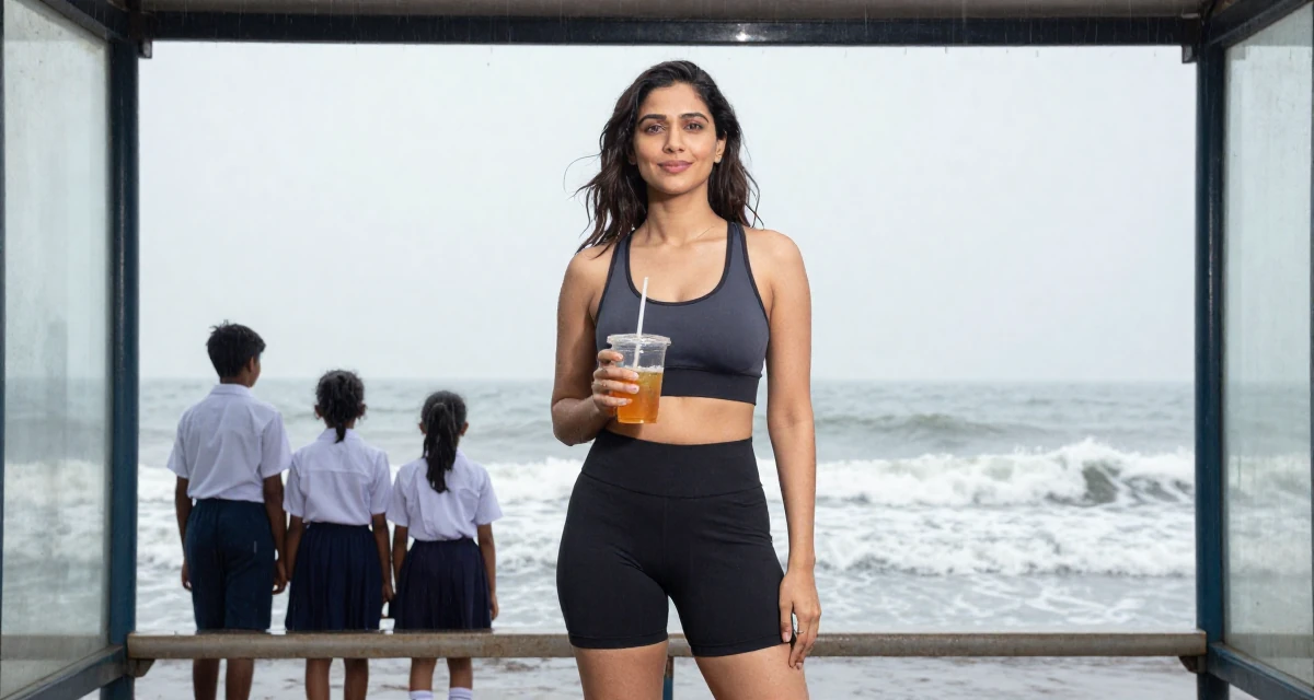 A bright and optimistic Female From New Delhi India, majored in English literature in their 45, helping kids through school, wearing a modern tech-wear inspired look, holding a cold drink in a bus stop in the rain.