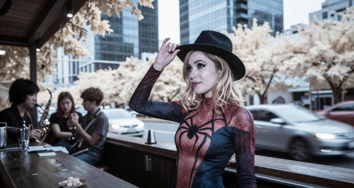 A gentle Female From the Philippines, majored in creative writing in their 32, mentoring younger colleagues, wearing a spider-themed villainess suit, adjusting a hat in a dimly lit jazz bar.