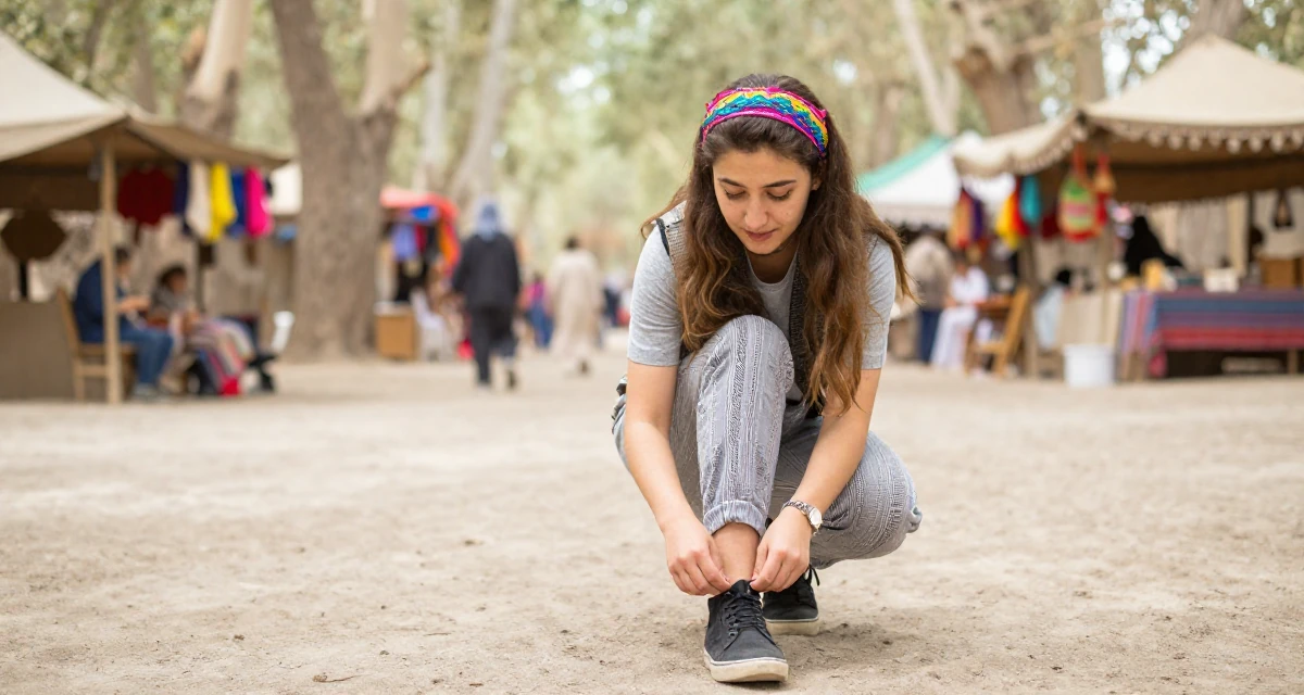 A sincere Female From Turkmenistan, studied industrial technology in their 25, transitioning from teenage habits to adult routines, wearing a pop of color accessory look, tying a shoelace in a magical forest clearing.