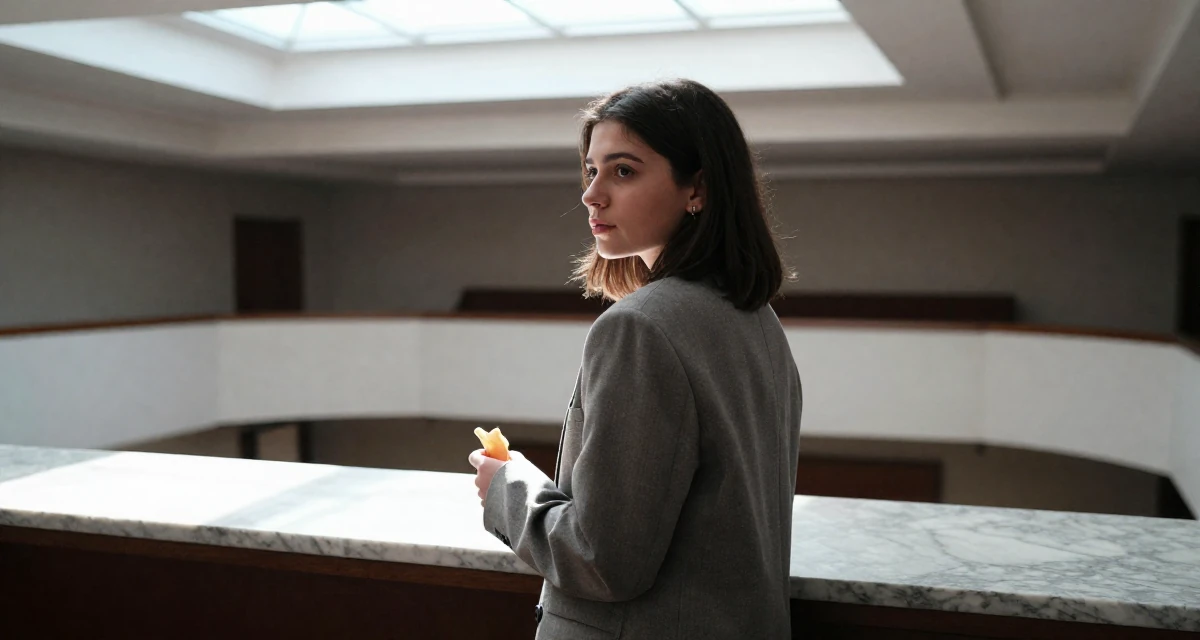 A wistful Female From Georgia, based in Batumi, graduated from a local academy majoring in social media management in their 23, feeling behind in life despite being so young, wearing a smart casual blazer ensemble, holding a snack in a concert hall.