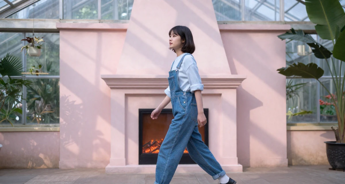 A relaxed and observant Female From Chengdu China, majored in fashion design in their 25, transitioning from teenage habits to adult routines, wearing a relaxed dungarees or overalls, rolling up sleeves in a botanical greenhouse.