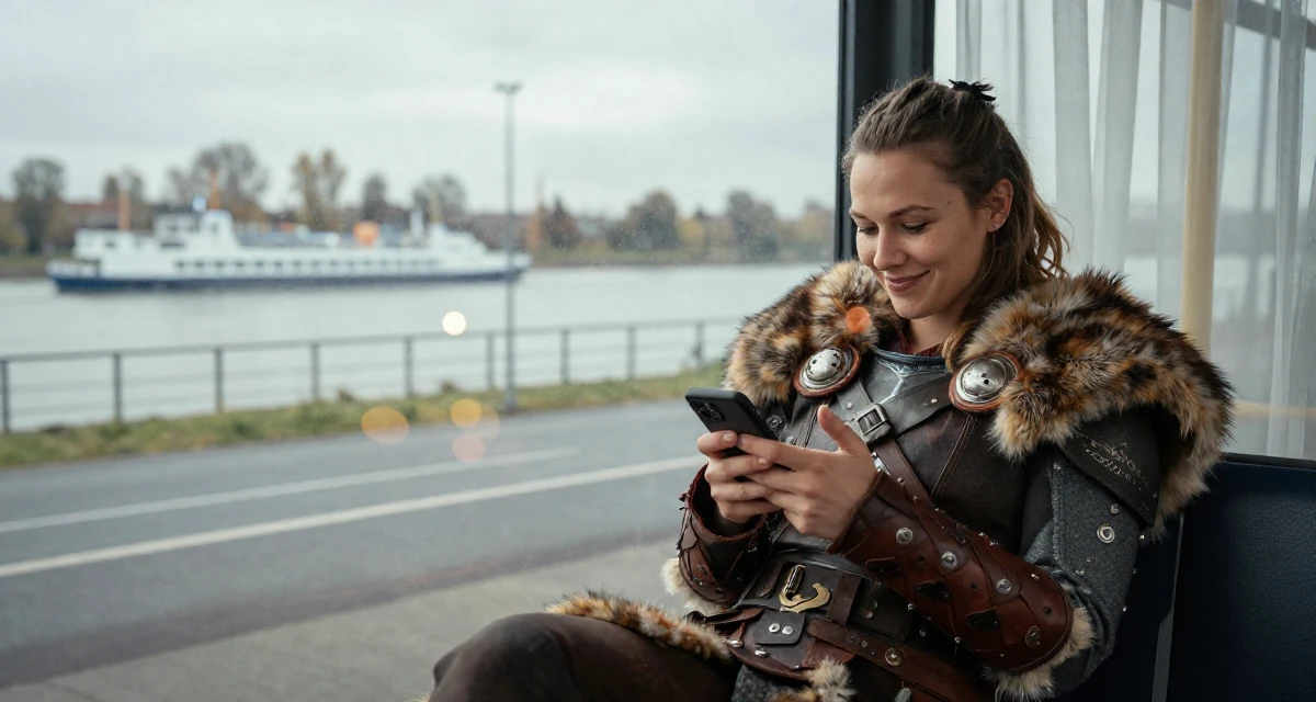 A lighthearted Female From Germany, majored in mechanical engineering in their 23, dealing with fluctuating subscriber numbers, wearing a viking shield-maiden outfit with fur and leather, texting with both thumbs in a bus stop.