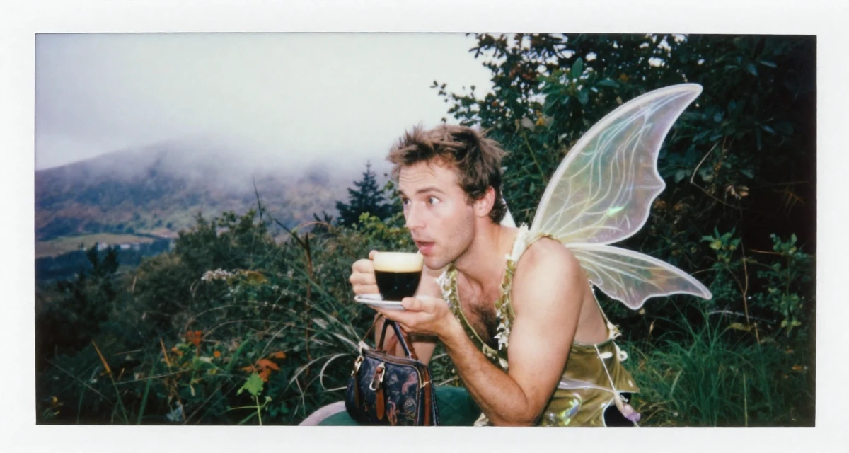 A bold and charismatic male From Ireland, studied creative writing in their 46, creating a sanctuary at home for relaxation, wearing a fairy costume with translucent iridescent wings, holding a purse tightly in a dense misty forest.