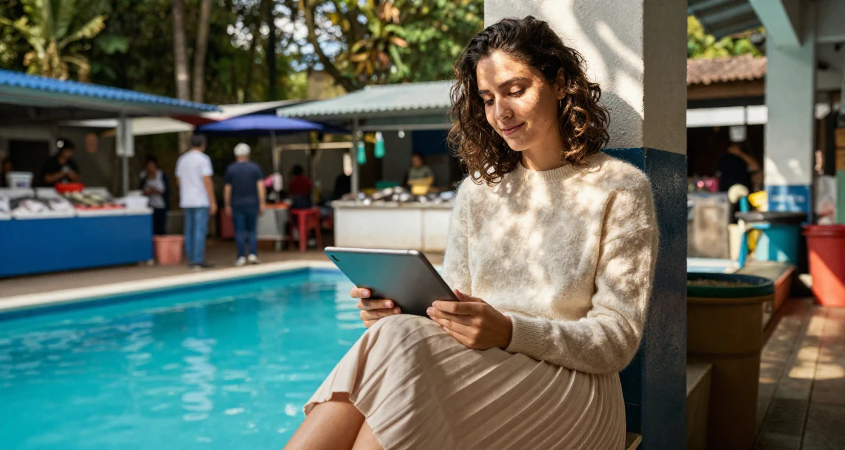 A gently amused Female From São Paulo Brazil, studied digital entertainment in their 25, struggling with academic workload, wearing a soft cashmere sweater and a pleated midi skirt, holding a tablet device in a swimming pool.