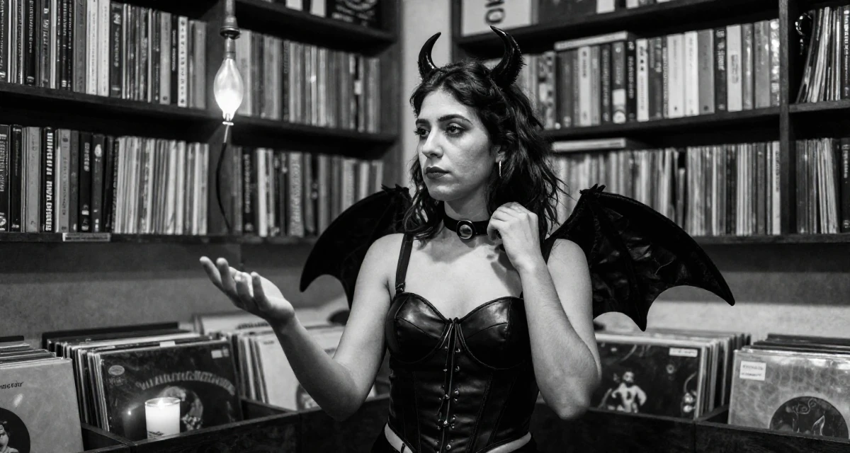 A indifferent Female From Córdoba Argentina, studied emotional storytelling in photography in their 35, juggling co-parenting and a dating life, wearing a succubus costume with small wings and a leather bustier, fixing a collar in a vintage record store.
