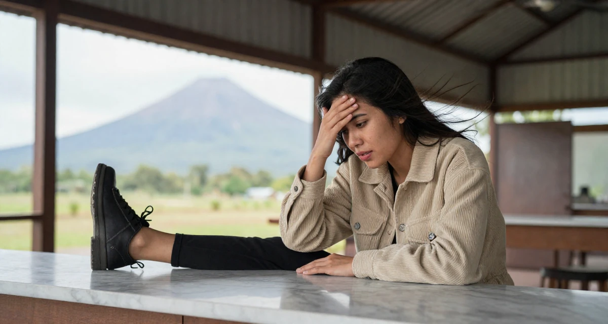 A emotional Female From Malaysia, based in Penang, graduated from a private university majoring in digital media in their 23, learning that creativity doesn’t pay rent—consistency does, wearing a soft texture corduroy jacket, shielding face from the wind in a barn interior.