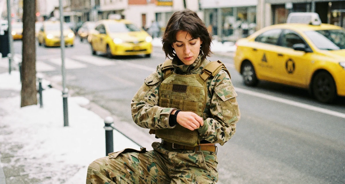 A inspired Female From Italy, studied graphic design in their 33, creating content about healthy meal prepping, wearing a tactical military gear with a cropped vest and cargo pants, adjusting sleeves in a city sidewalk.
