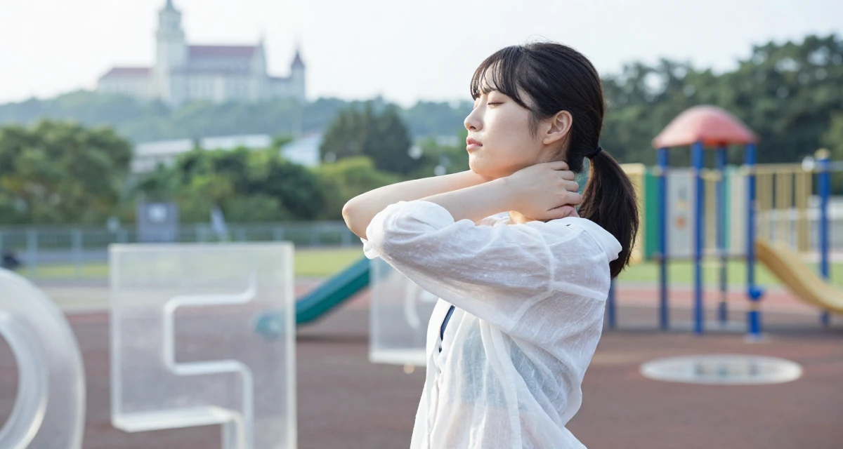 A lighthearted Female From Japan, majored in information systems in their 25, dealing with anxiety about first paying subscribers, wearing a translucent linen shirt worn over a swimsuit, massaging the neck in a school playground.