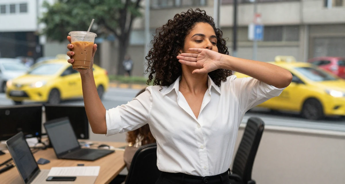 A stoic and strong Female From São Paulo Brazil, practiced samba dance and sensual movement in their 22, clutching an iced coffee as a survival tool, wearing a crisp button-up with rolled sleeves, covering a laugh with one hand in a conference room.