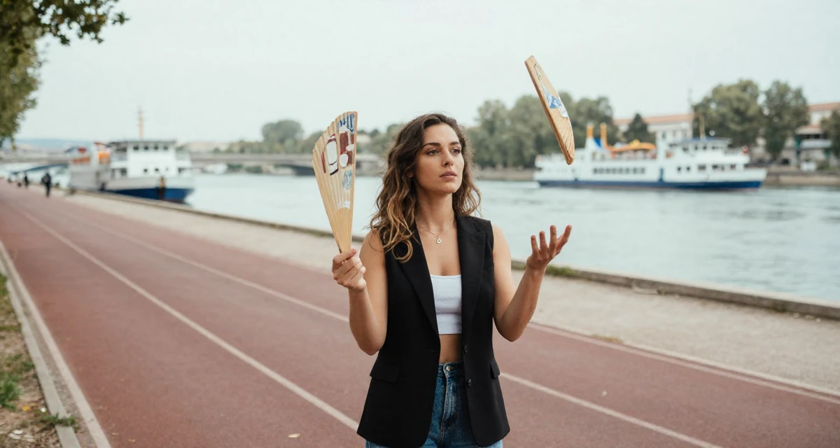 A bewitching Female From France, based in Marseille, graduated from a creative college majoring in intimate portrait photography in their 26, juggling real-life chaos with online expectations, wearing a modern casual lifestyle wear, fanning self with a hand in a running track.