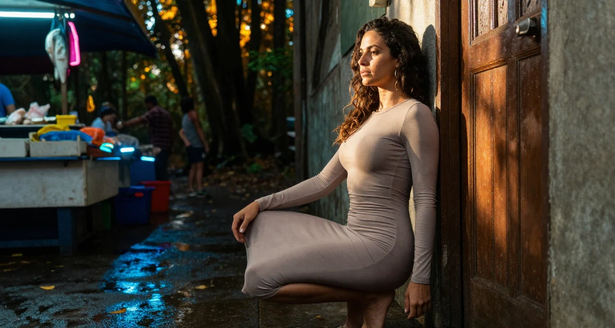 A quiet Female From Rio de Janeiro Brazil, learned fitness aesthetics through beach culture in their 30, recovering workaholic learning to relax, wearing a long-sleeve bodycon midi dress in neutral tones, leaning against a door in a autumn forest.