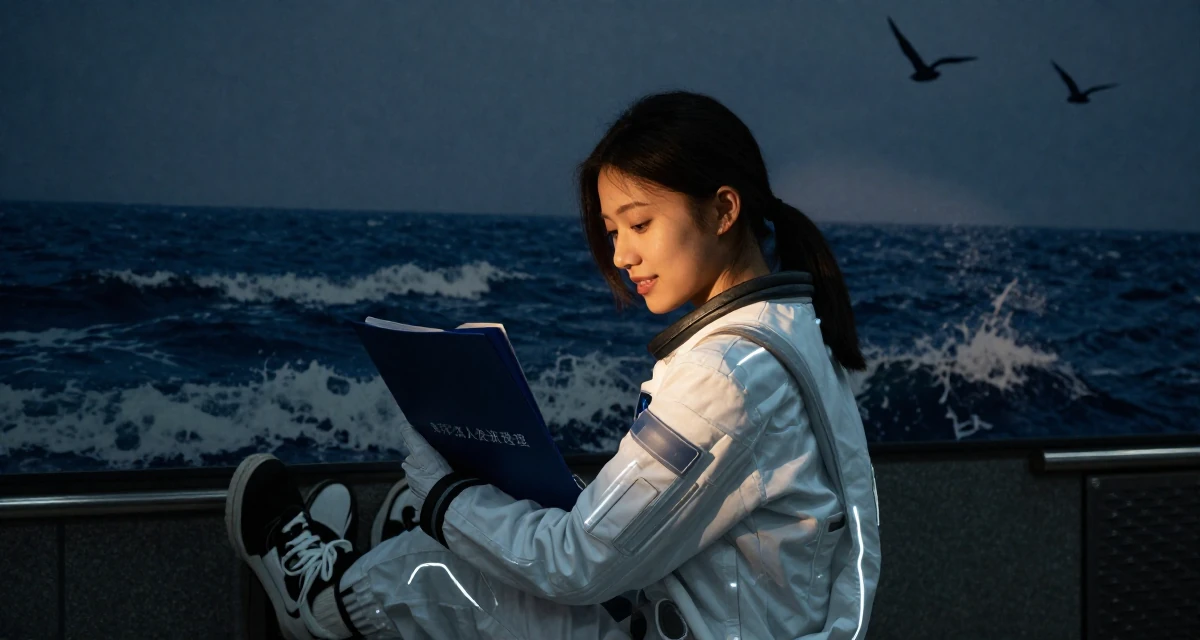 A warm Female From ChangSha China, holds a degree in human resource management in their 25, starting college life away from home, wearing a futuristic space pilot plugsuit with glowing lines, looking down at shoes in a subway station.