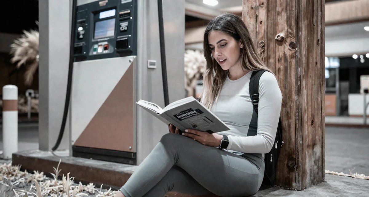 A inspired Female From Guatemala, studied computer networks in their 23, seeking career clarity through trial and error, wearing a modern tech-wear inspired look, opening a book in a gas station at night.