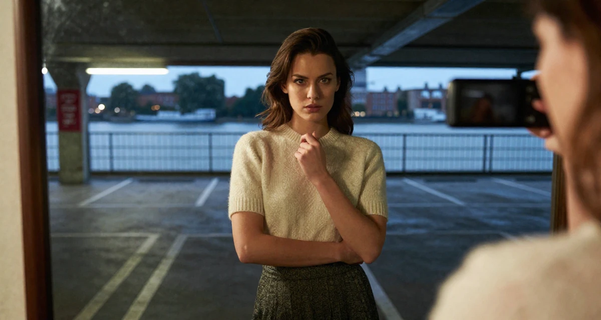 A seriously concentrated Female Raised in Canada, majored in fine arts in their 22, investing in outfits that complement sensual expression, wearing a short sleeve cashmere sweater and a skirt, clasping hands together in a underground parking garage.