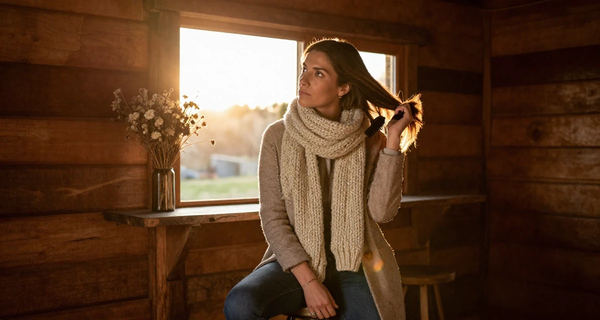 A reserved Female From Colombia, based in Medellín, graduated from a communication school majoring in brand communication in their 35, commanding respect without raising a voice, wearing a heavy knit scarf and coat, brushing hair back in a rustic wooden cabin interior.