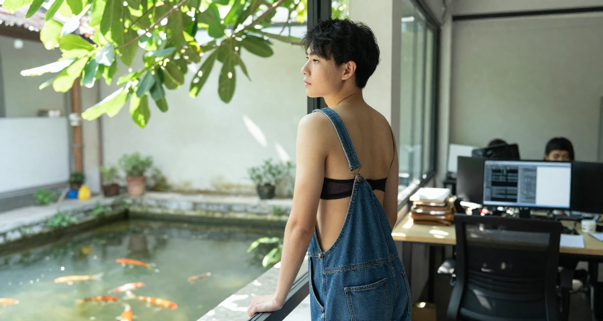 A deeply thinking male From Vietnam, based in Nha Trang, graduated from a media school majoring in soft-romantic content direction in their 23, experimenting with bolder lingerie styles while staying safe, wearing a tube top and oversized denim overalls with one strap down, looking out the window in a busy coworking space.