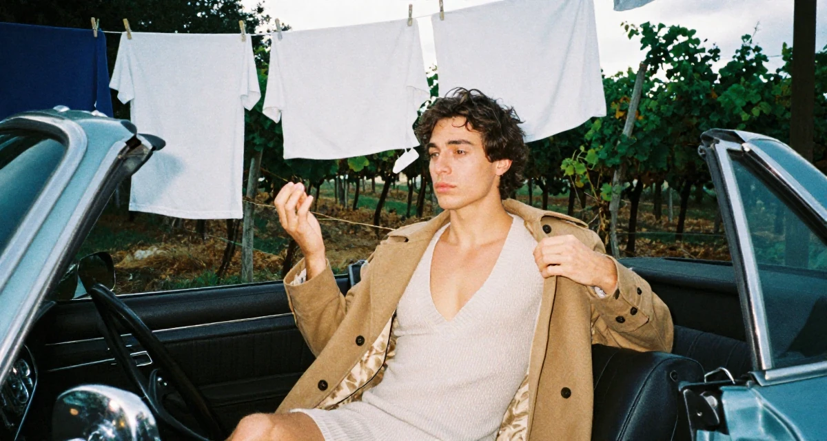 A mysterious male From USA, studied computer science but switched to arts in their 23, juggling low-paying jobs while squeezing time for content, wearing a soft knit dress with a plunging neckline, unbuttoning a coat in a vintage convertible car.