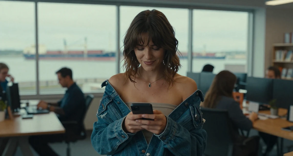A witty Female Once a bookstore clerk, now offering cozy aesthetic subscription content in their 22, entering the workforce with limited experience, wearing a denim jacket worn off-shoulder over a tube top, texting with both thumbs in a busy coworking space.