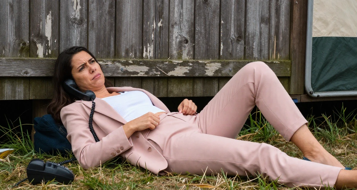 A rebellious Female From Paris France, majored in cultural studies in their 24, fighting guilt when taking a single day off, wearing a tailored pantsuit in pastel pink with a white top, fixing the hem of a skirt in a camping site.