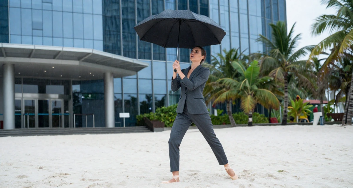 A inspired Female From Russia, trained as a classical ballerina in their 28, realizing rebranding is emotionally draining, wearing a sleek modern tailored look, shaking rain off an umbrella in a tropical white sand beach.