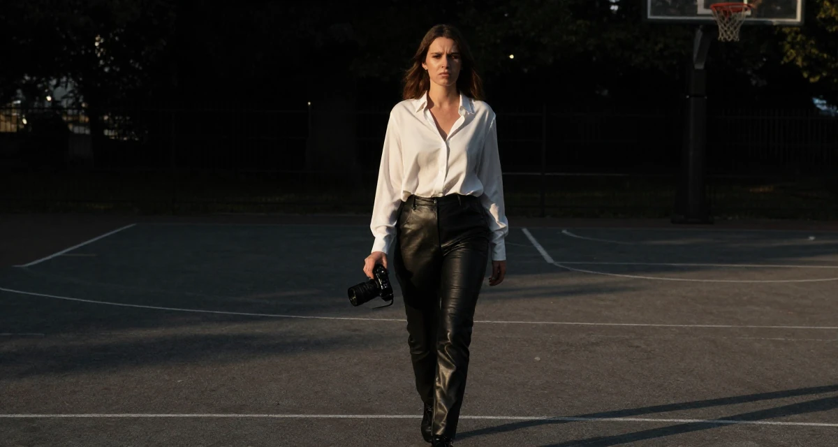 A cynical Female Former software engineer at 25, now crafting premium lifestyle content in their 23, feeling pressure to figure life out quickly, wearing a black leather trousers and a crisp white blouse, holding a camera in a basketball court.