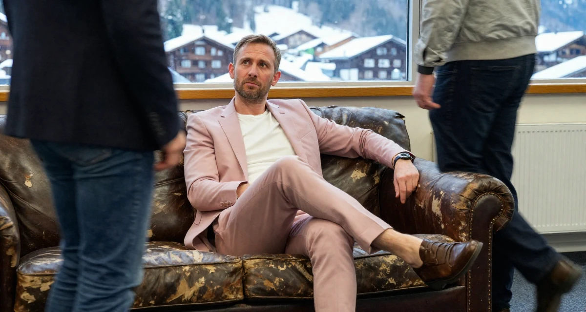 A enigmatic male From England, majored in philosophy in their 22, seeking mentorship from older colleagues, wearing a tailored pantsuit in pastel pink with a white top, crossing legs in a classroom setting.