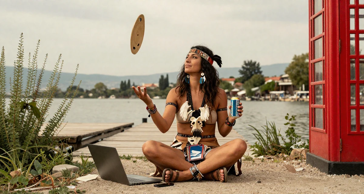 A gentle Female From Thessaloniki Greece, practiced warm-tone aesthetic storytelling in their 26, juggling real-life chaos with online expectations, wearing a tribal shaman outfit with feathers and bones, holding a beverage can in a serene lakeside dock.