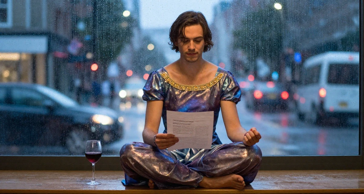 A gentle male Previously a bartender, now expressing nightlife energy through content in their 23, learning that creativity doesn’t pay rent—consistency does, wearing a galactic princess gown with metallic fabrics, holding a piece of paper in a classroom setting.