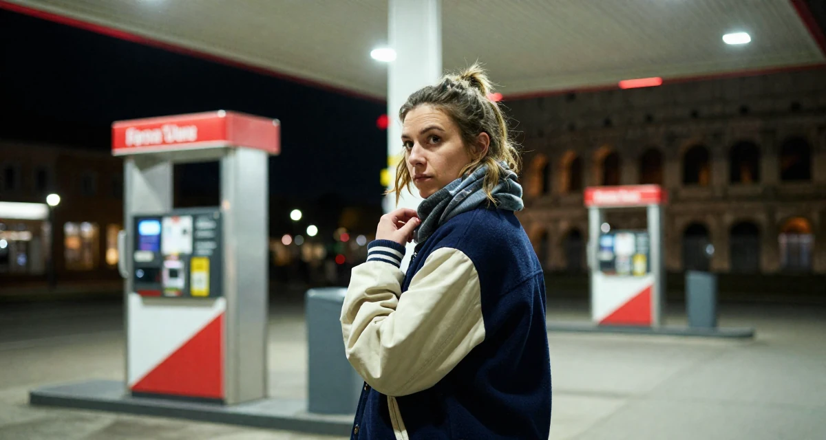 A determined Female From Berlin Germany, explored body art and alternative fashion scenes in their 28, recovering from a failed startup, wearing a casual varsity jacket look, adjusting a scarf in a gas station at night.
