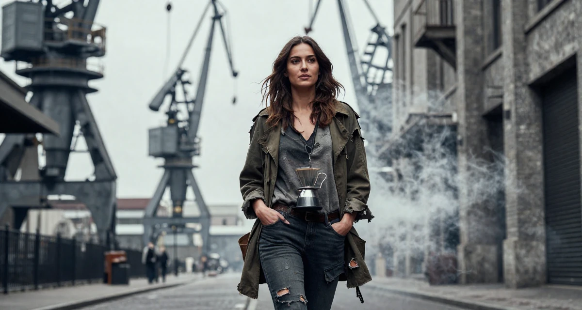 A composed Female Grew up in France, majored in cultural studies in their 36, expert in coffee culture and brewing, wearing a zombie apocalypse survivor gear with torn clothes, putting hands in pockets in a historic downtown.