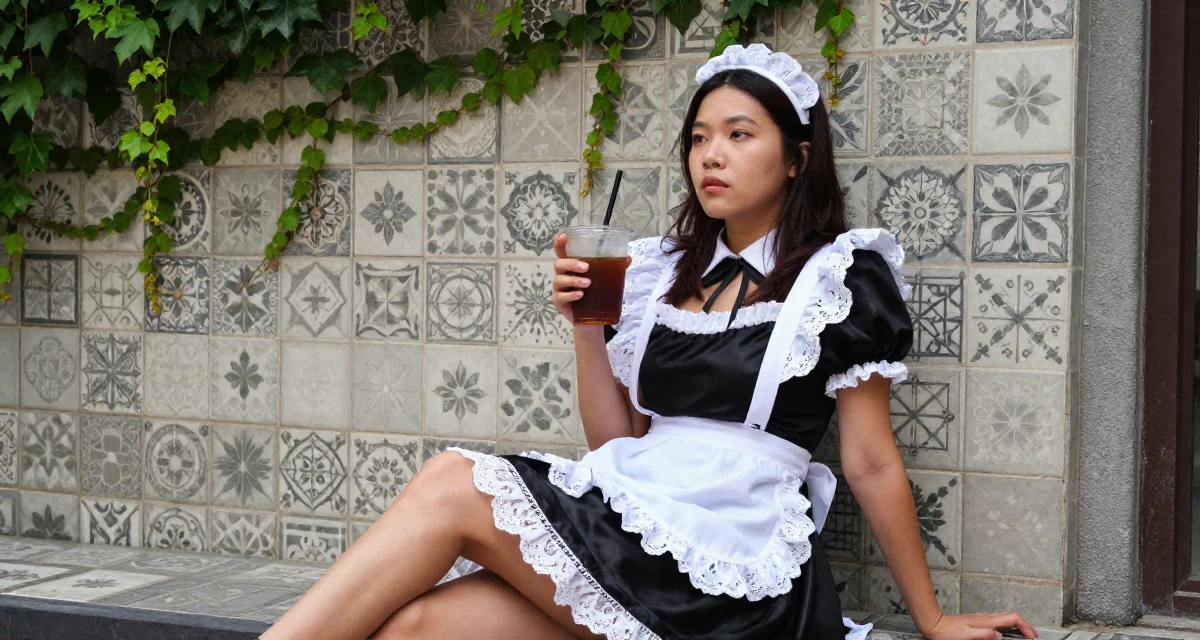 A reflective Female From Singapore, based in Jurong, graduated from a polytechnic majoring in aesthetic marketing in their 41, rebuilding confidence after job loss, wearing a french maid costume with black silk and white lace, holding a cold drink in a radio station.
