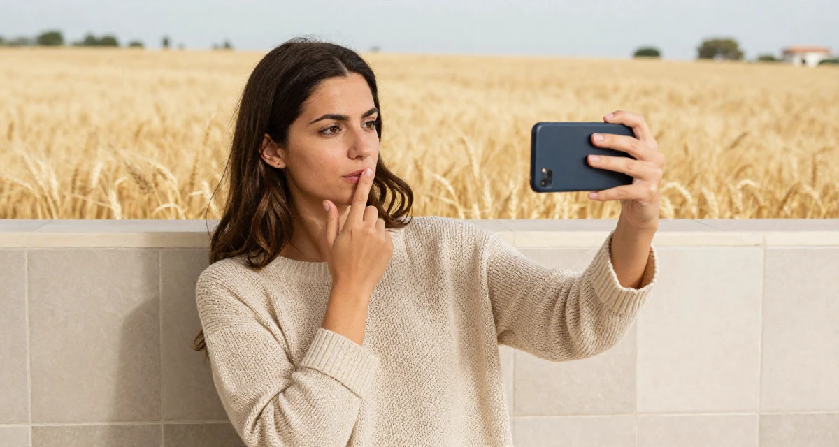 A longing Female From Cyprus, based in Limassol, graduated from a communication school majoring in alluring content design in their 44, expert in negotiation and communication skills, wearing a loose open-knit sweater showing skin underneath, snapping a photo with a phone in a theater stage.