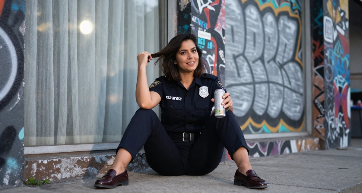 A charming Female Former security guard, now a bold confidence-themed creator in their 24, exploring side hustles to supplement income, wearing a polished loafer and trousers look, holding a beverage can in a graffiti art wall.