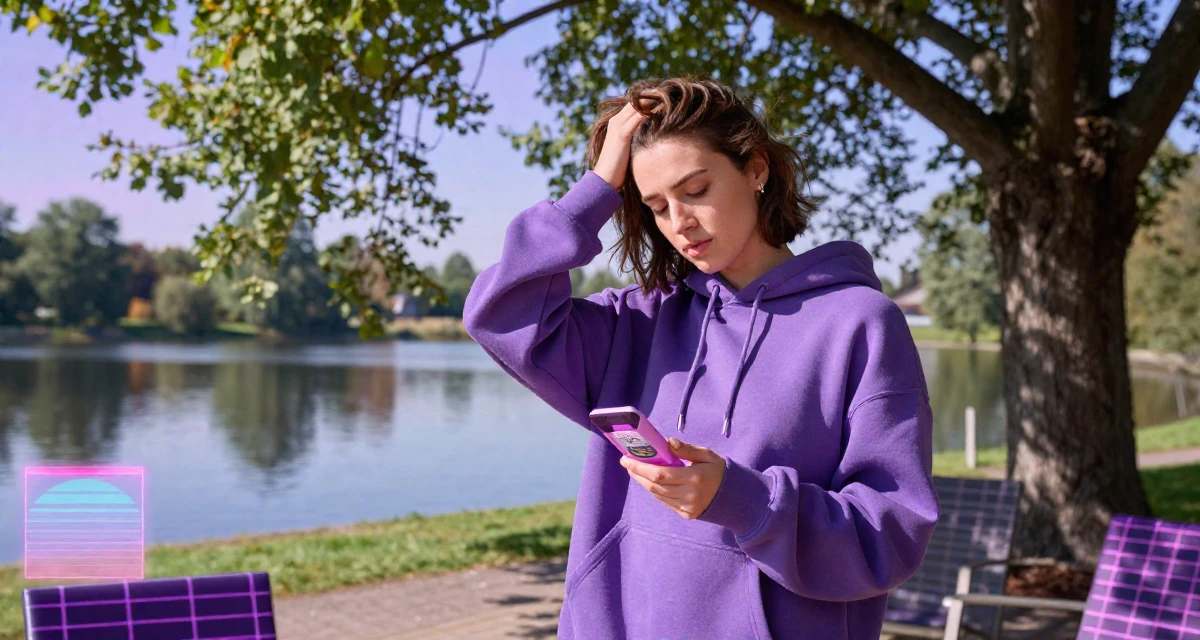 A sleepy Female From Aarhus Denmark, trained in fitness coaching and body alignment in their 25, feeling pressure from family about marriage, wearing a trendy oversized hoodie, examining a product in a sunny patio.