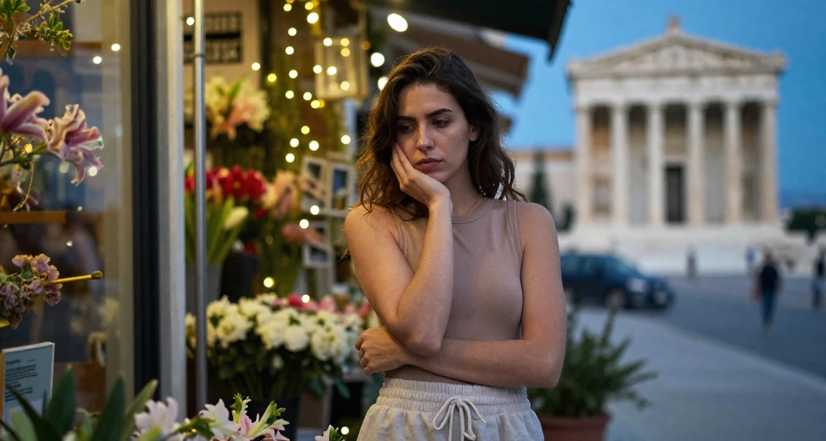 A melancholic Female From Greece, studied classical studies and history in their 26, exploring digital nomad life, wearing a high-cut bodysuit paired with loose jogging bottoms, crossing arms confidently in a flower shop entrance.