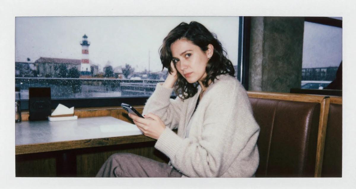 A troubled Female From Hungary, based in Debrecen, graduated from a fashion program majoring in bold thematic styling in their 30, feeling established and financially stable, wearing a cozy knit cardigan and slacks, unlocking a phone screen in a restaurant booth.