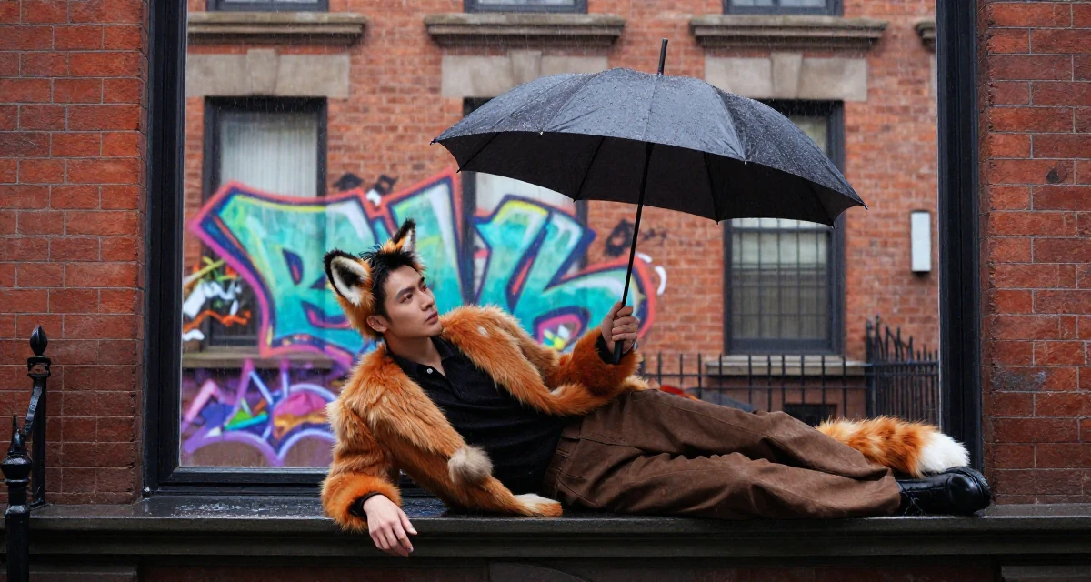 A sophisticated male From Chinese-speaking regions, majored in human resource development in their 20, exploring identity through bold fashion choices, wearing a fox spirit (kitsune) outfit with fluffy ears and tails, shaking rain off an umbrella in a rainy window seat.