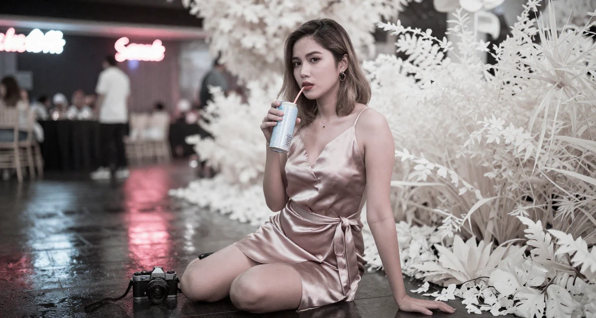 A calm and confident Female From Johor Malaysia, studied early childhood education in their 23, refining seductive expression through skilled camera work, wearing a satin wrap dress tied loosely at the waist, holding a beverage can in a banquet hall.