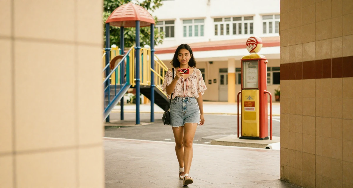 A mischievous Female From Malaysia, based in Malacca, graduated from a creative college majoring in sensual composition design in their 32, building a side hustle while working full-time, wearing a breezy summer vacation outfit, taking a photo in a school playground.