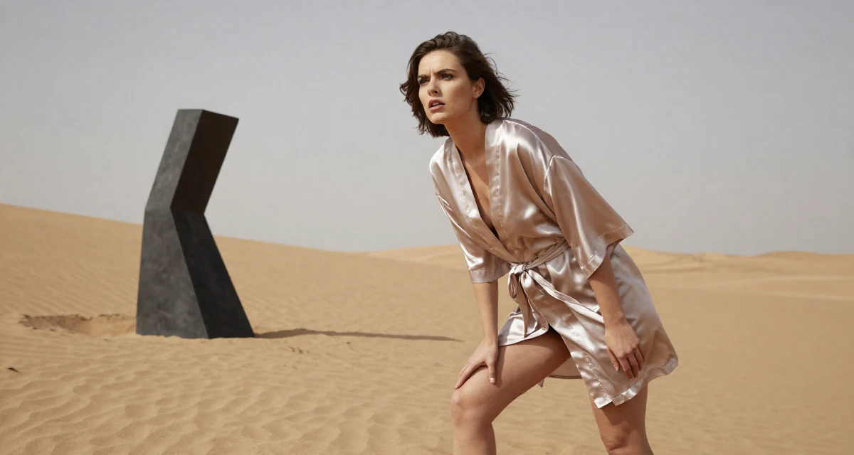 A judgemental Female From Poland, based in Gdańsk, graduated from a communication college majoring in expressive personal branding in their 22, maintaining emotional distance while delivering flirty energy, wearing a short silk robe tied loosely, pausing mid-step in a desert sand dunes.